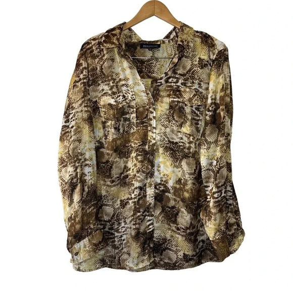 Jones New York Snakeskin Slinky Blouse Plus 2X Brown Tan Cream Button Up Pockets - Picture 1 of 5